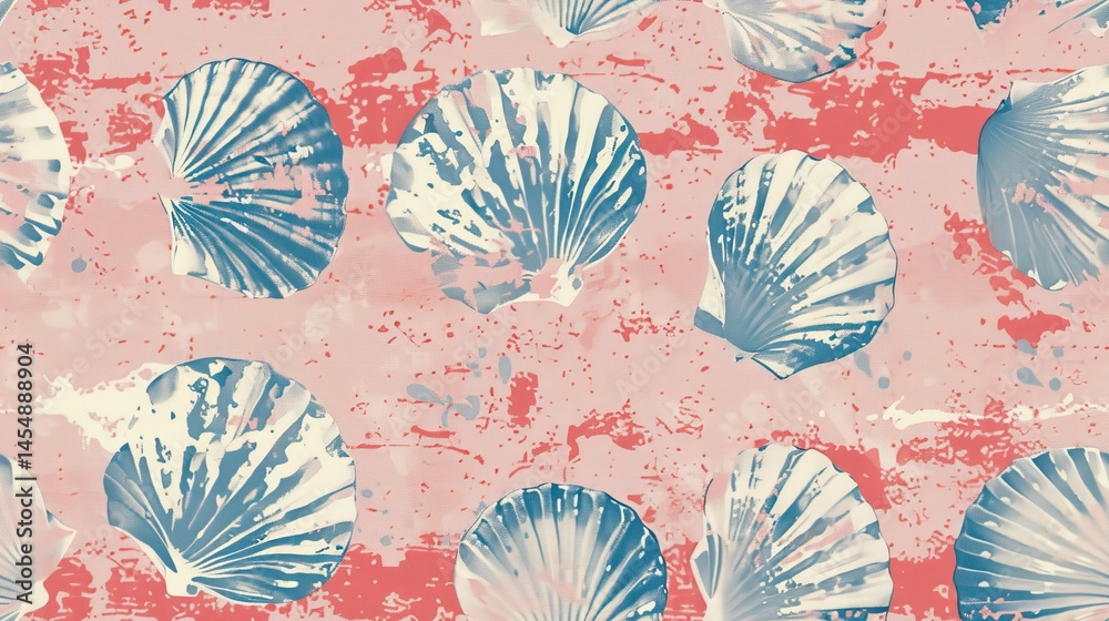 Fototapeta premium Vintage Seashell pattern on a Retro distressed background, with Soft, Coral, and Denim tones evoking nostalgic Coastal vibes.