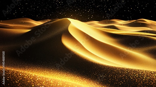 Golden dust and sand on the black background, scattered gold dust, sand effect with glitters and sequins. Wallpaper and banner.