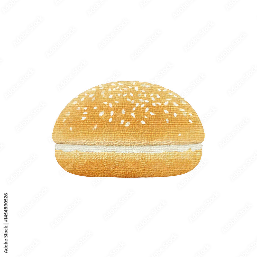 Sesame seed hamburger bun with soft, golden brown texture is shown against plain background. bun is split in half, ready for filling Sesame seed hamburger bun with soft, golden brown texture is shown against plain background. bun is split in half, ready for filling