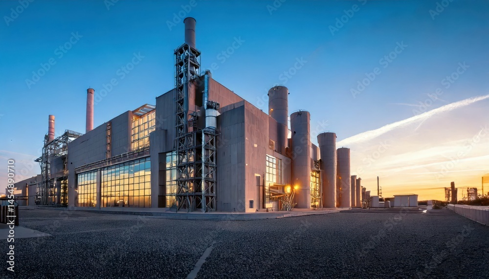 Obraz premium Modern Industrial Power Plant at Sunset with Vibrant Sky