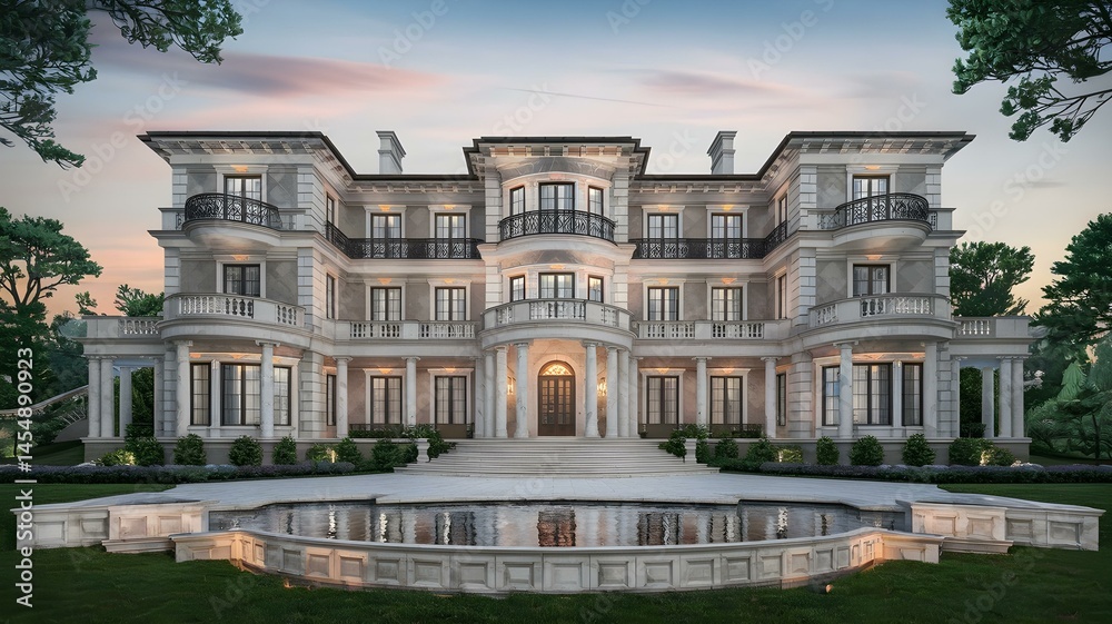 Luxury Mansion Exterior with Reflecting Pool - Elegant Home Architecture with Balconies and Columns Luxury Mansion Exterior with Reflecting Pool - Elegant Home Architecture with Balconies and Columns
