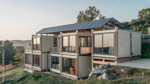 Wallpaper Mural Eco-Friendly Shipping Container Home with Glass Windows & Solar Panels. Modern, Sustainable Architecture on a Hillside with Scenic Rural Views Torontodigital.ca
