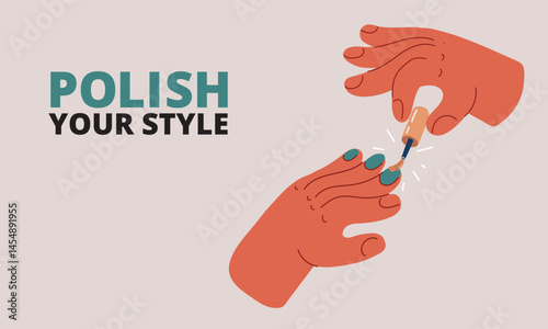Cartoon vector illustration of a hand painting nails on another hand, like a gesture of pampering and personal indulgence