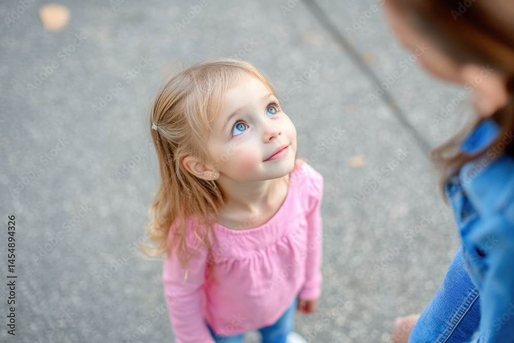 Fototapeta premium Cheerful Girl Gazing Up at Her Mother in the Park - Adorable Bonding Moment