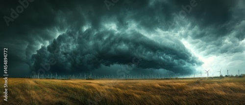 Storm cloud looms ominously over grassland field with wind turbines, signifying renewable energy source despite threatening weather.