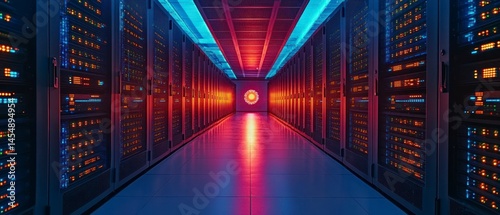 Server racks stand illuminated by blue and red lights, creating a symmetrical and futuristic ambiance in data center.