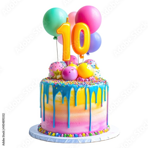 Cake balloons tenth birthday isolated on white background.
