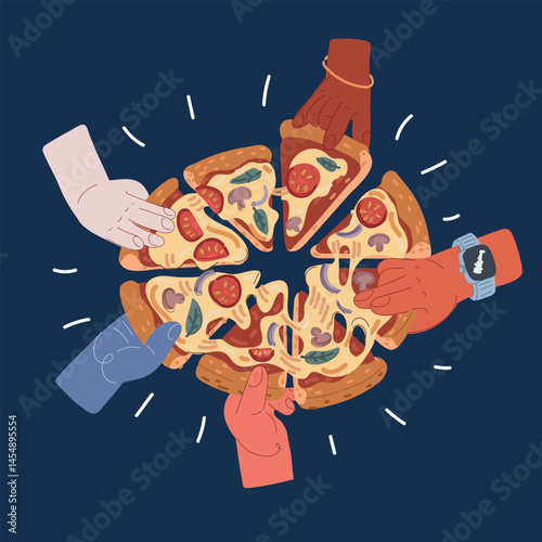 Cartoon vector illustration of multiple hands pulling pizza slices, like a playful battle for the last bite of cheesy goodness