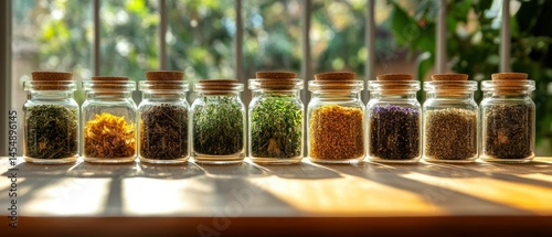 Spice jars showcase assortment dried herbs, capturing essence herbalism, rustic charm, kitchen vitality, warmth, natural elements.
