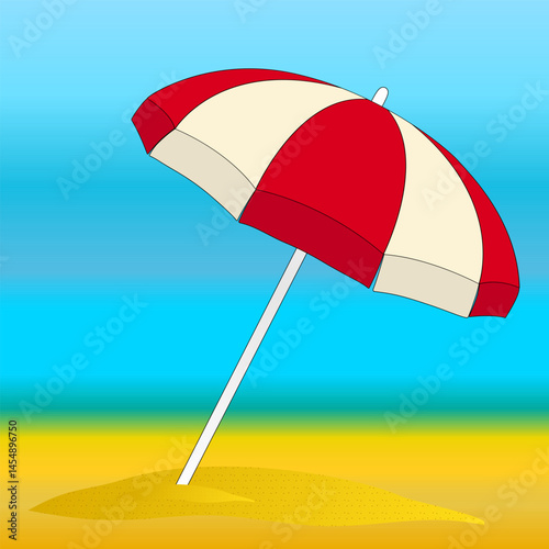 Summer illustration of an adorable cartoon red and white beach umbrella protecting from the sun, on the sand against a blue sky and sea. Ideal for summertime, beach vacations, and outdoor designs.