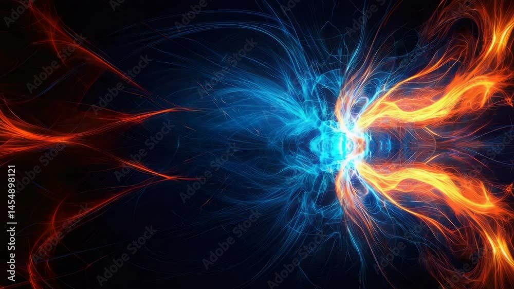 Abstract combination of vibrant blue and fiery orange light swirling intensively. Abstract combination of vibrant blue and fiery orange light swirling intensively.