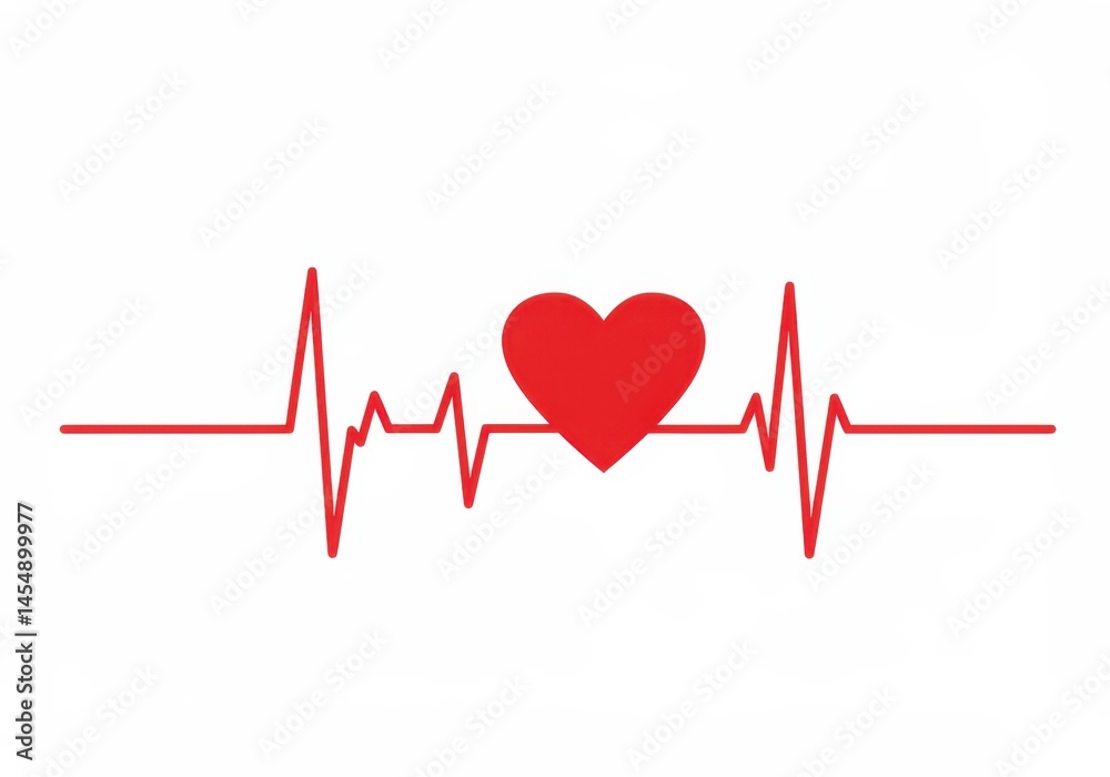 Red heart symbol integrated into a lifeline on a plain white background Red heart symbol integrated into a lifeline on a plain white background