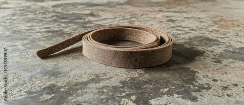 Fabric belt sits coiled on mottled concrete creating contrasting textures.