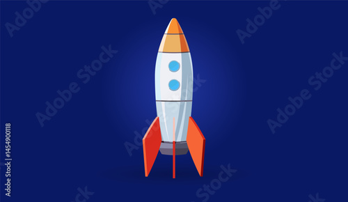 Cartoon rocket ship with a white and orange body standing upright against a deep blue background. Ideal for use in technology, startup, space exploration, or educational contexts.