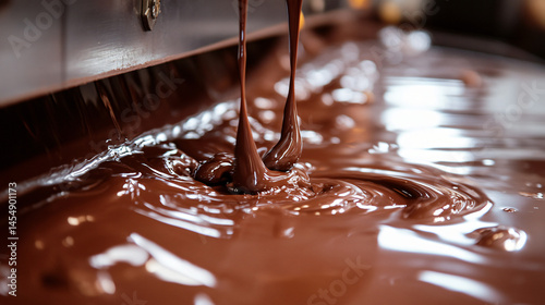 An industrial chocolate tempering machine with a shiny surface and flowing chocolate.