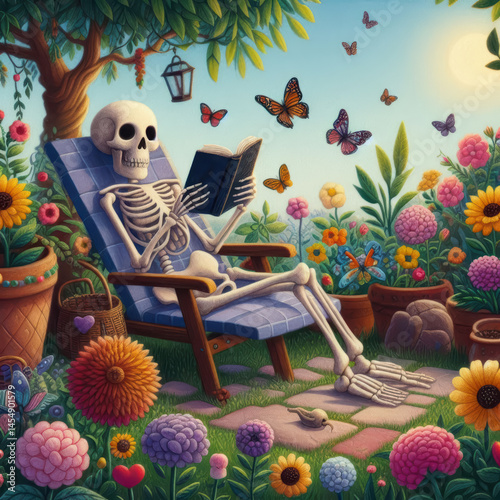 Skeleton enjoys a peaceful afternoon reading in a vibrant flower garden surrounded by butterflies