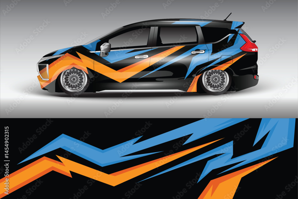 Stylish car wrap design with dynamic blue and orange stripes Stylish car wrap design with dynamic blue and orange stripes