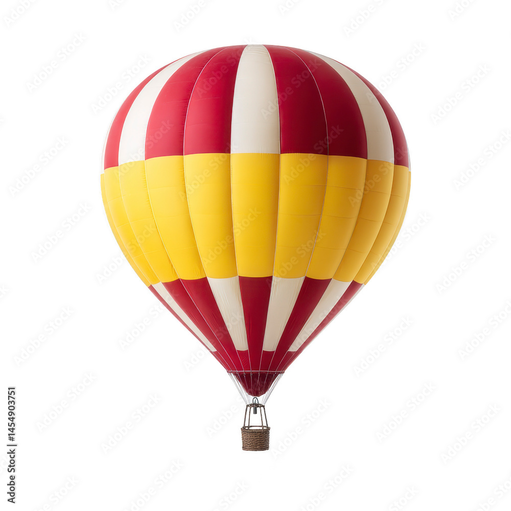 Naklejka premium Colorful hot air balloon with red, yellow, and white stripes floats against clear background, showcasing its vibrant design and inviting sense of adventure
