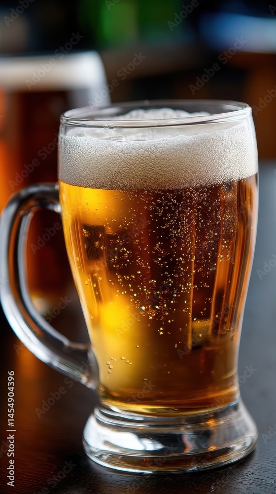 Refreshing light beer in a glass mug with bubbles and foam at a bar with another mug in the background.