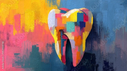Abstract colorful tooth painted with bold textured brushstrokes on vivid canvas.