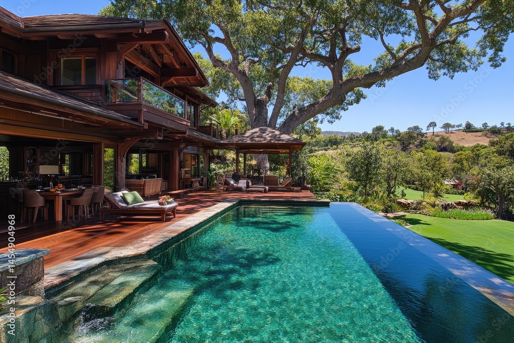 Fototapeta premium A luxurious wooden home features a pool, outdoor seating, and trees in a tranquil landscape