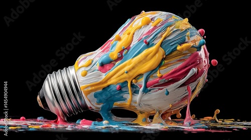 Light bulb covered in colorful splashes of acrylic paint on black background.