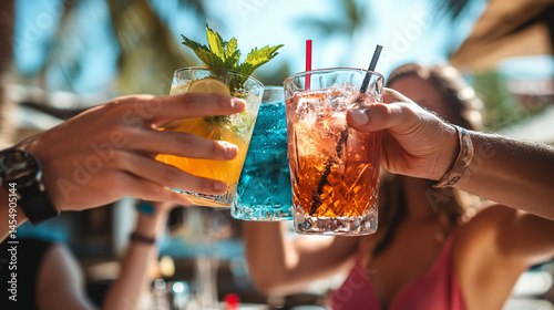Friends clinking glasses with fresh cocktails at a tropical beach bar.