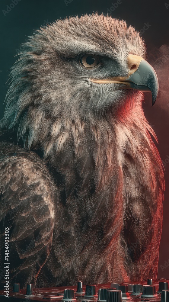Eagle confidently shows off its feathers while standing near a soundboard in a creative music studio setting