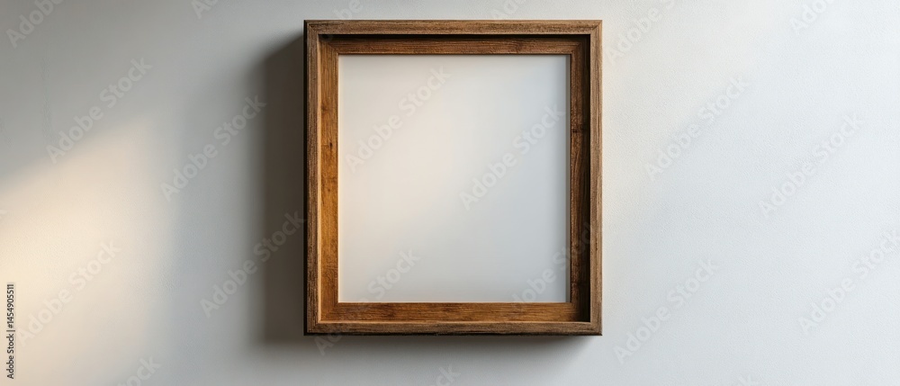 Wooden frame hangs on a white wall, awaiting artwork. Wooden frame hangs on a white wall, awaiting artwork.