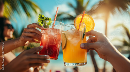 Friends clinking glasses with fresh cocktails at a tropical beach bar.