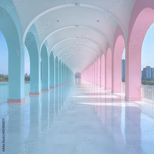 Pastel Pink   Blue Archway Corridor  Modern Architecture  Long Hallway  Elegant Design  In
