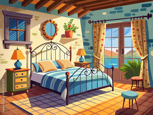vector of Rustic and stylish Provençal bedroom with wrought iron bed
