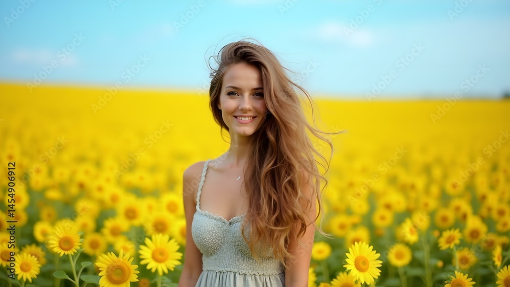 Young Woman in a Sunflower Field Under a Clear Blue Sky at Noon
