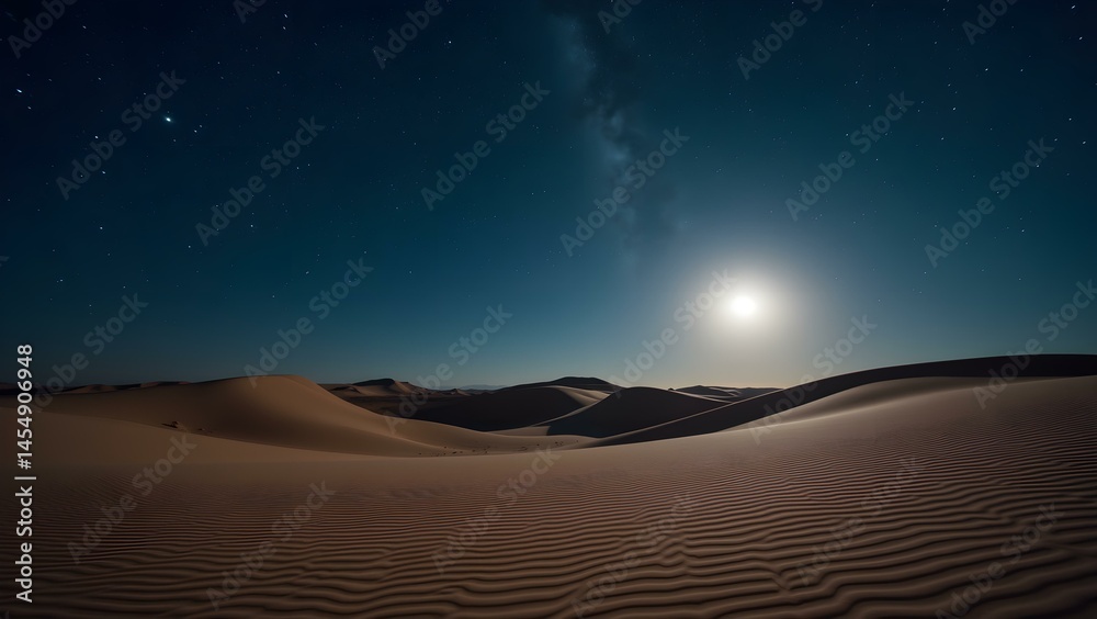 Vast Desert Under a Starry Night Sky Illuminated by a Glowing Full Moon