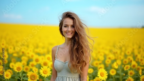 Obraz na płótnie Young Woman in a Sunflower Field Under a Clear Blue Sky at Noon w salonie