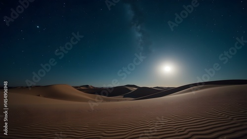 Vast Desert Under a Starry Night Sky Illuminated by a Glowing Full Moon