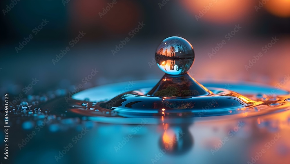 Suspended Water Droplet Reflecting a Miniature World of Colors