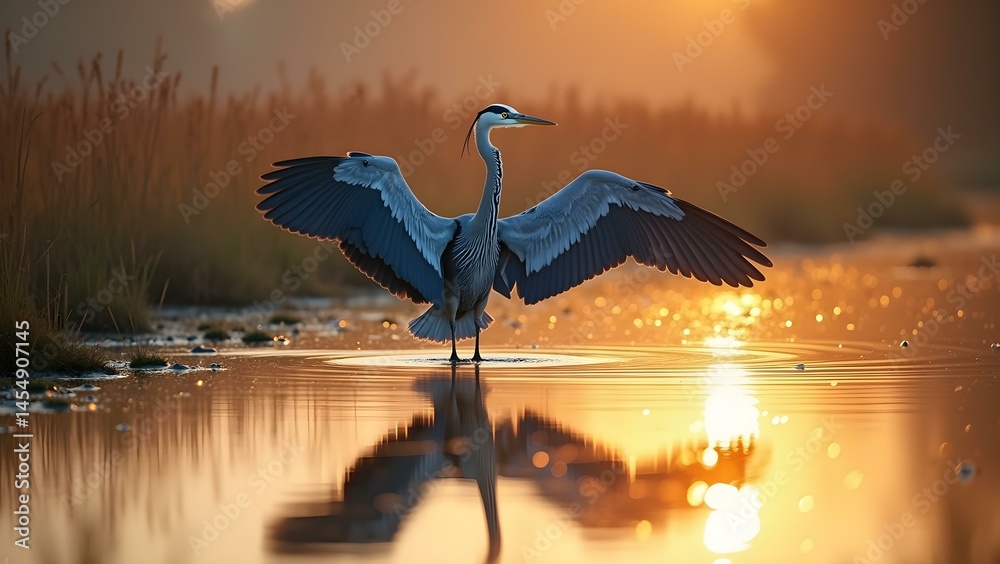 Majestic Blue Heron Spreading Its Wings Over a Serene Marsh