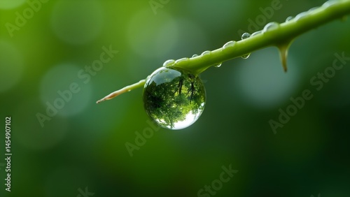 Obraz na płótnie Macro Shot of a Water Droplet Refracting a Lush Green Forest w salonie