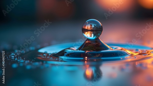 Suspended Water Droplet Reflecting a Miniature World of Colors