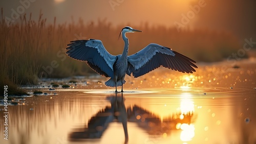Obraz na płótnie Majestic Blue Heron Spreading Its Wings Over a Serene Marsh w salonie