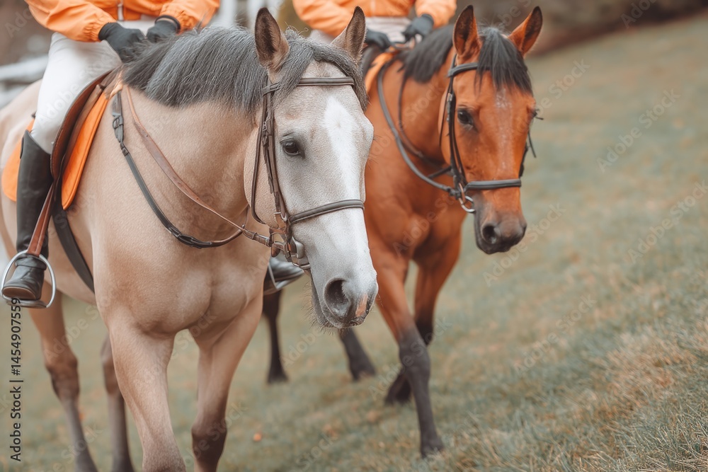 Obraz premium Horses Walking in a Quiet Paddock With Riders Dressed in Bright Gear During Overcast Weather