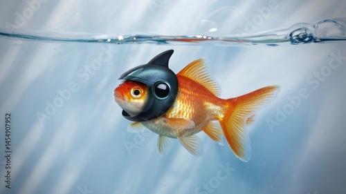 Helmeted goldfish with camera floating in clear water tank