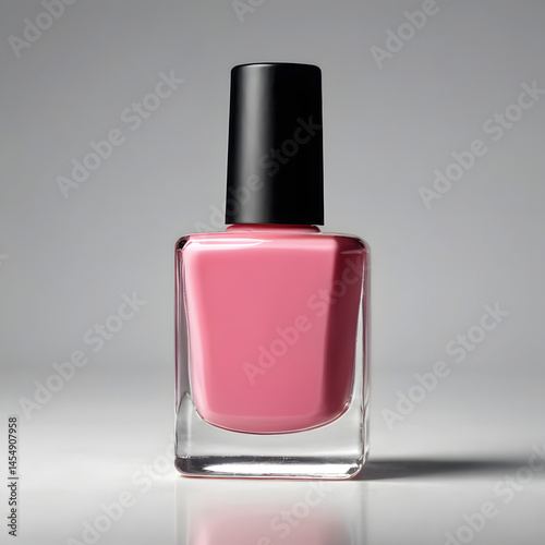 bottle of nail polish on an isolated white background, studio lighting, minimal shadows.