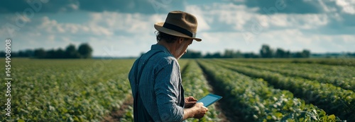 A senior farmer in a sterilised uniform is seen wandering about the farm while clutching a tablet.