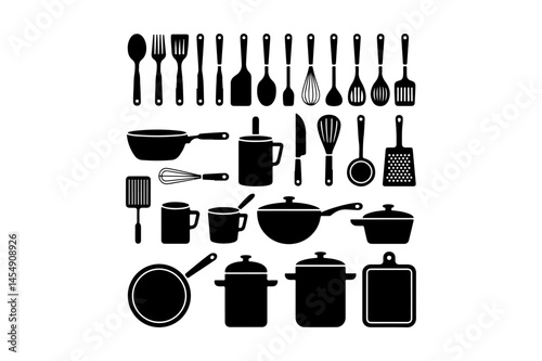 Collection of various kitchen utensils and cookware in black silhouette