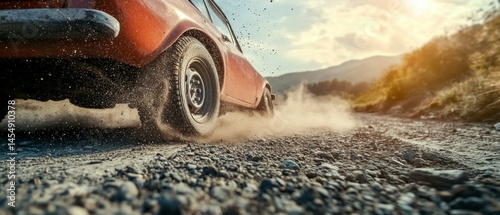 Classic car drives quickly on a dirt road kicking up dust, suggesting adventure and freedom. photo