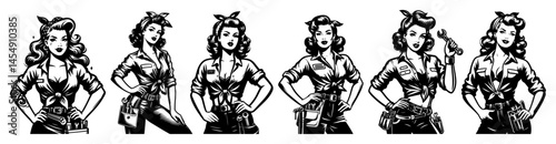 collection of pinup women in overalls and bandanas inspired by rosie the riveter, black and white vector