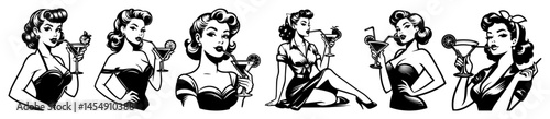 set of vintage pinup girls with cocktails in hand, retro bar or lounge themed black and white vector