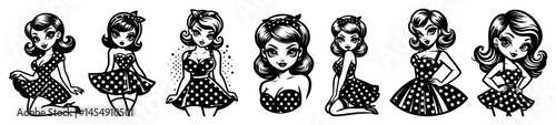 collection of vintage pin-up girls in polka dot dresses, black and white retro vector set